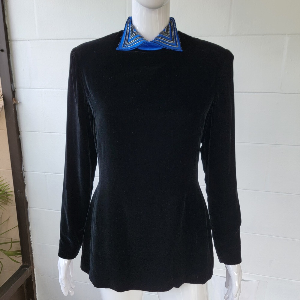 VTG 90s Silk Studio Beaded Velvet Top Black Blue Women 6 Gothic Dark Romance